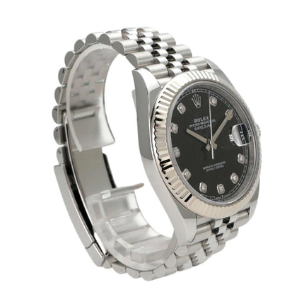 Rolex Datejust 41 Edelstahl Weißgold 126334 mit schwarzem Diamantzifferblatt und Jubile-Band