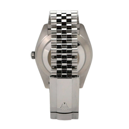 Rückansicht einer Rolex Datejust 41 mit Jubile Edelstahlband und Faltschließe, detailreiche Verarbeitung.