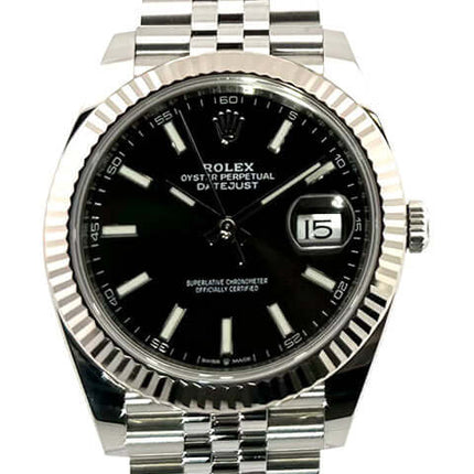 Rolex Datejust 41 Edelstahl Weißgold 126334 mit schwarzem Zifferblatt und Jubile-Band aus Edelstahl, 2020 Modell