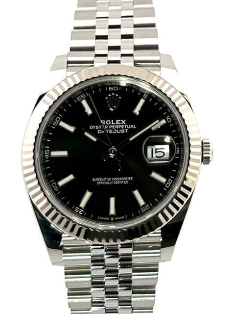 Rolex Datejust 41 Edelstahl Weißgold 126334 mit schwarzem Zifferblatt und Jubile-Band aus Edelstahl, 2020 Modell