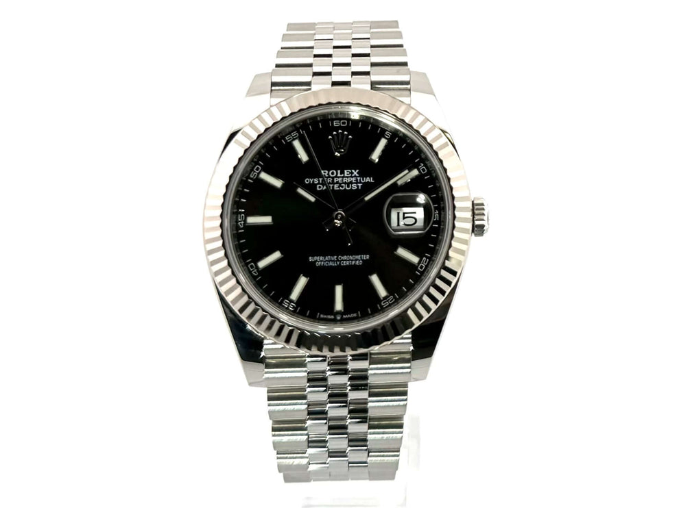 Rolex Datejust 41 Edelstahl Weißgold 126334 mit schwarzem Zifferblatt und Jubile-Armband, Modell 2020.