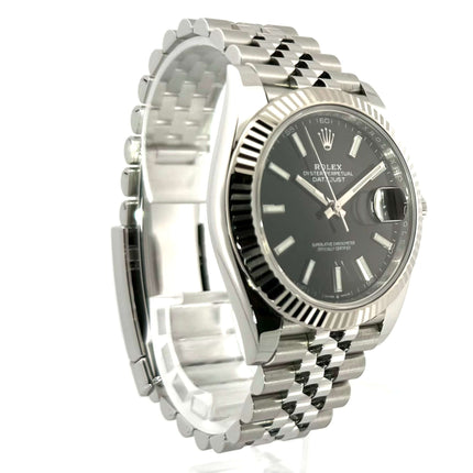Rolex Datejust 41 Edelstahl Weißgold 126334, schwarzes Zifferblatt, Jubilee-Armband, poliertes und satiniertes Gehäuse, Leuchtzeiger, 2020 Modell.
