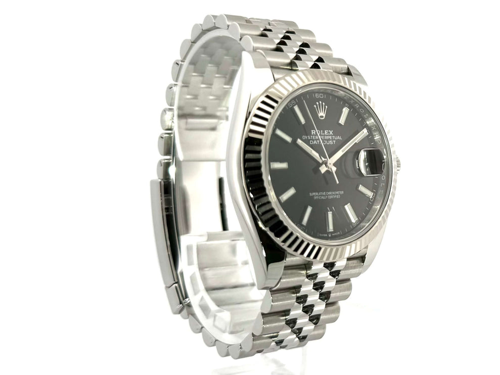 Rolex Datejust 41 Edelstahl Weißgold 126334, schwarzes Zifferblatt, Jubilee-Armband, poliertes und satiniertes Gehäuse, Leuchtzeiger, 2020 Modell.