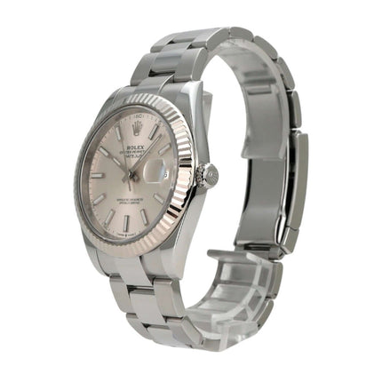 Rolex Datejust 41 Edelstahl Weißgold 126334 Silber seitlich mit silberfarbenem Zifferblatt und poliertem Armband
