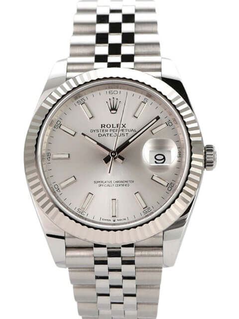 Rolex Datejust 41 Edelstahl Weißgold 126334 mit silbernem Zifferblatt und Jubile-Armband, automatisches Uhrwerk
