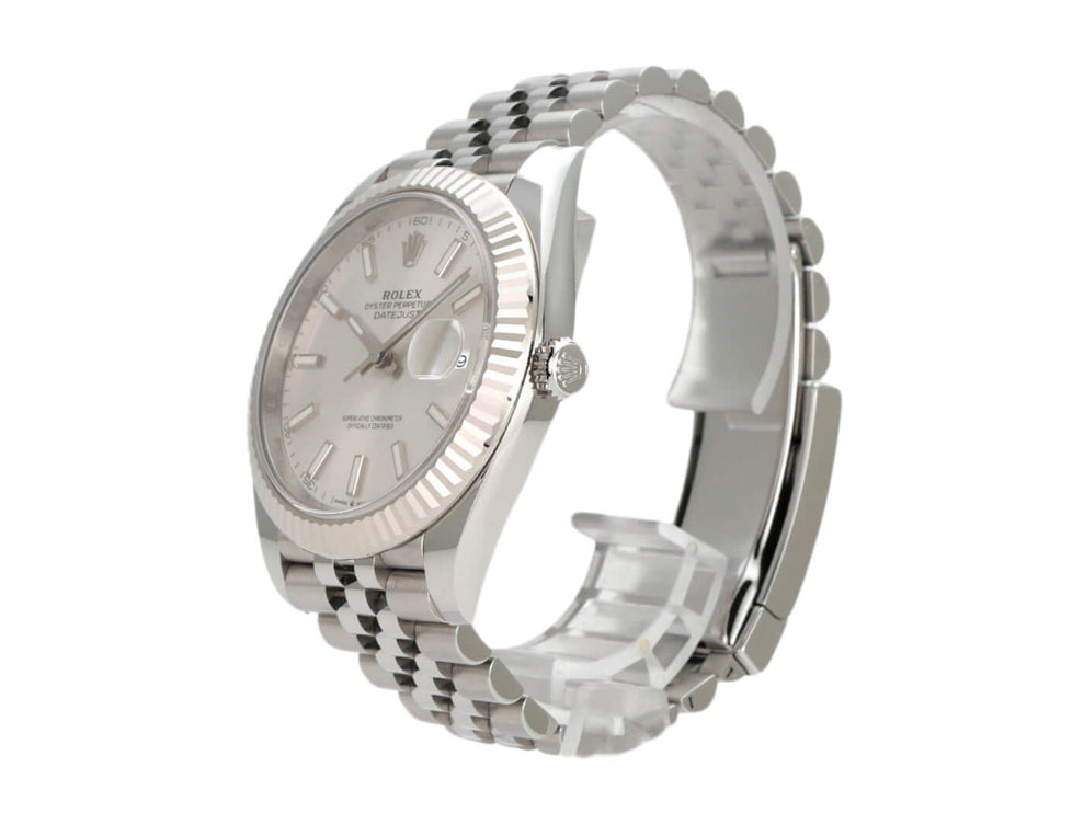 Rolex Datejust 41 Edelstahl Weißgold Silber Jubile-Band, 41 mm, silberfarbenes Zifferblatt, Faltschließe.