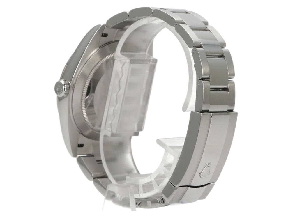 Rolex Datejust 41 Edelstahl Weißgold 126334 Silber seitliche Ansicht mit poliertem Edelstahl-Armband und Faltschließe.
