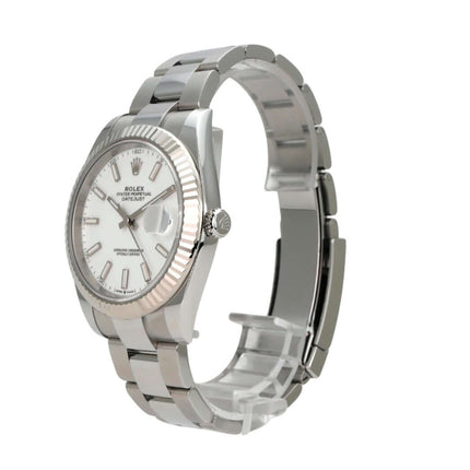 Rolex Datejust 41 Edelstahl Weißgold 126334 Weiß seitlich mit weißem Zifferblatt und Oyster-Band.