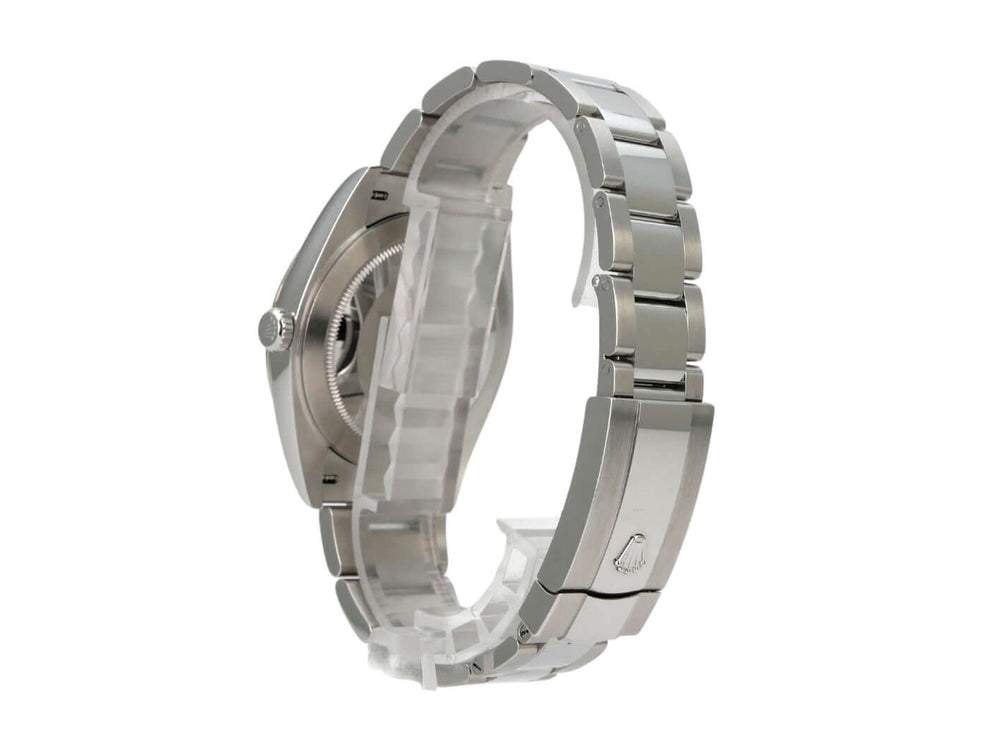 Rolex Datejust 41 Edelstahl Weißgold 126334 Weiß—Seitenansicht des polierten Edelstahlarmbands und Gehäuses.
