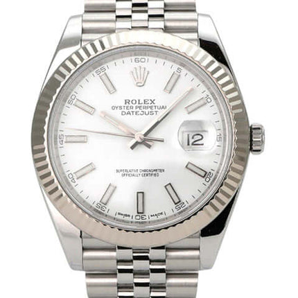 Rolex Datejust 41 Edelstahl Weißgold 126334 Weiß Jubile-Band mit weißem Zifferblatt und Jubile-Edelstahlarmband.