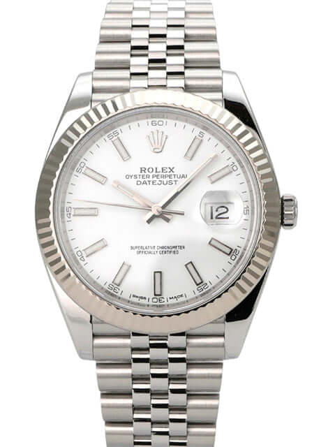 Rolex Datejust 41 Edelstahl Weißgold 126334 Weiß Jubile-Band mit weißem Zifferblatt und Jubile-Edelstahlarmband.