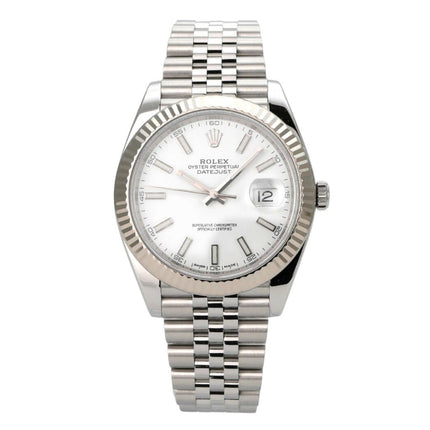 Rolex Datejust 41 Edelstahl Weißgold 126334 Weiß Jubile-Band mit weißem Zifferblatt und Jubile-Band.