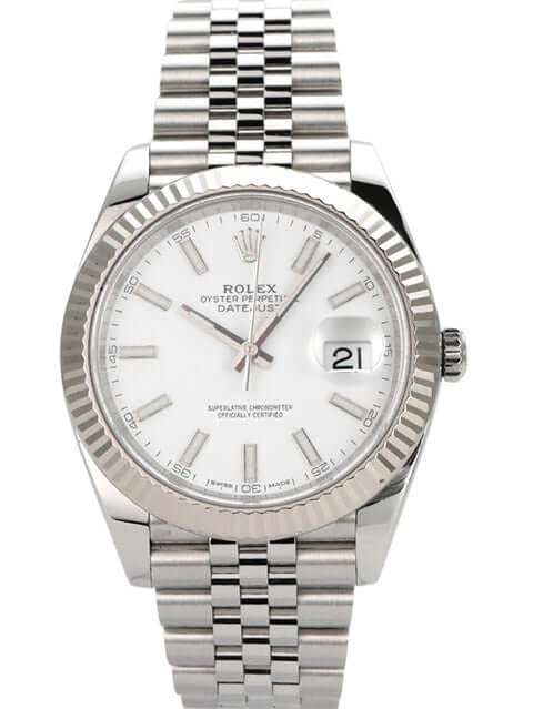 Rolex Datejust 41 Edelstahl Weißgold 126334 mit weißem Zifferblatt und Jubile-Band, 2020 Modell.