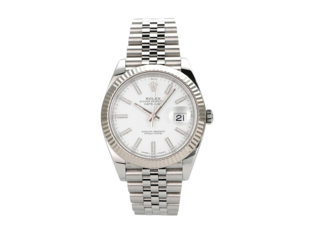 Rolex Datejust 41 Edelstahl Weißgold 126334 mit Jubile-Band, weißes Zifferblatt und 70 Stunden Gangreserve.