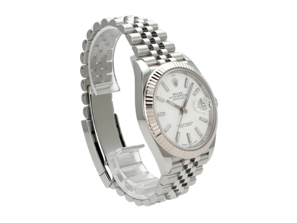 Rolex Datejust 41 Edelstahl Weißgold 126334 mit Jubile-Band und weißem Zifferblatt, elegantes Automatik-Uhrwerk.