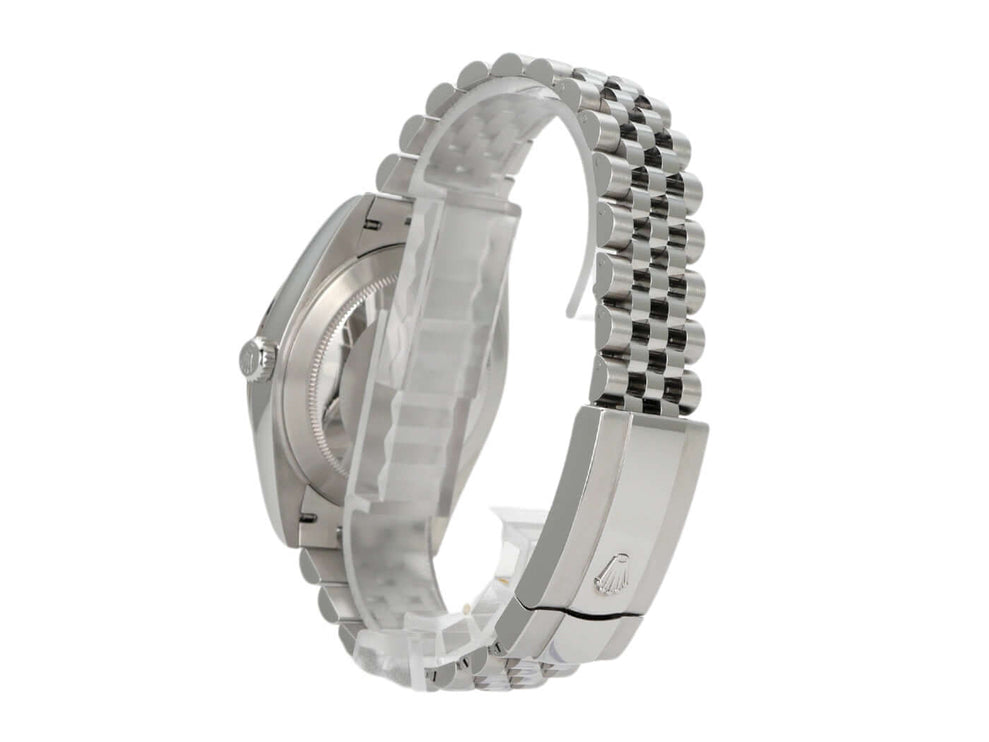 Rolex Datejust 41 Edelstahl Weißgold 126334 mit Jubile-Armband, seitliche Ansicht, elegantes Design.