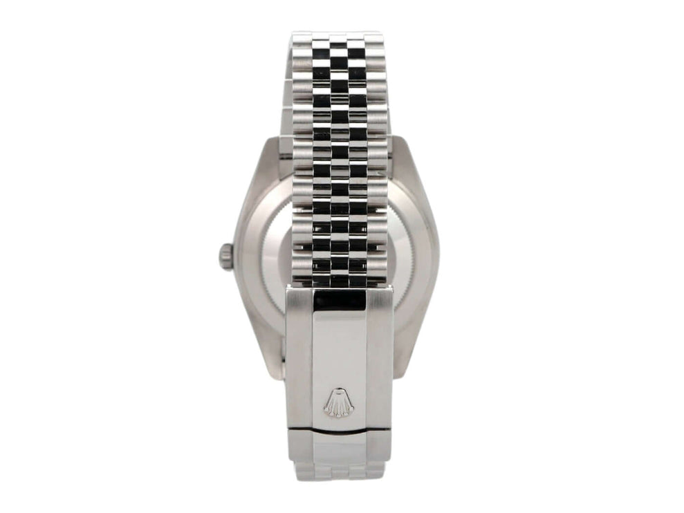 Rolex Datejust 41 Edelstahl Weißgold 126334 mit Jubile-Band, Rückansicht der Uhr und Faltschließe.