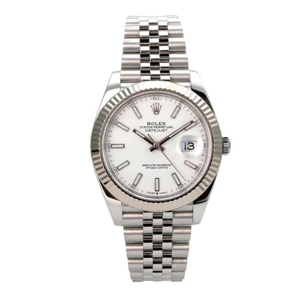Rolex Datejust 41 Edelstahl Weißgold 126334 Weiß Jubile-Band, weiße Zifferblattansicht mit Datum
