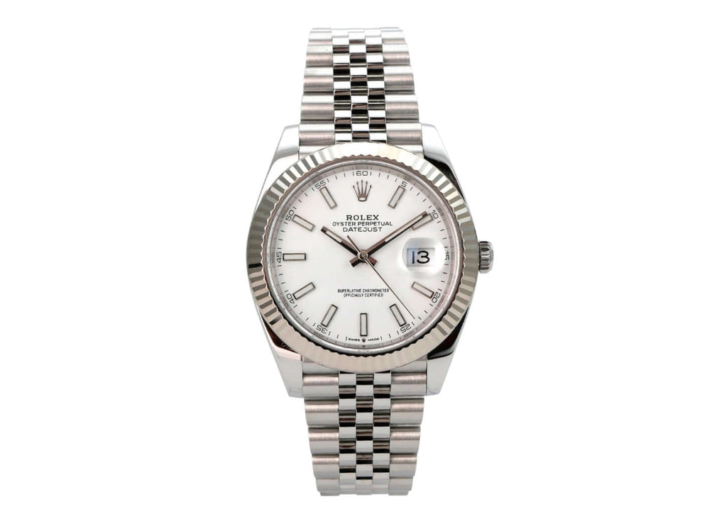 Rolex Datejust 41 Edelstahl Weißgold 126334 Weiß Jubile-Band, weiße Zifferblattansicht mit Datum
