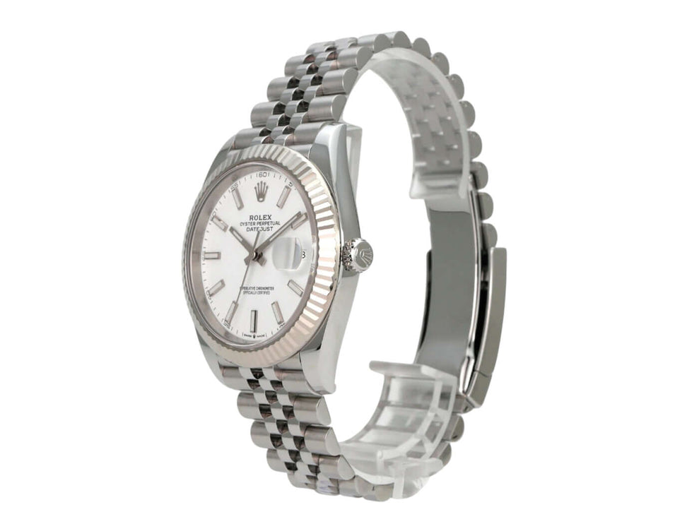 Rolex Datejust 41 Edelstahl Weißgold 126334 Weiß Jubile-Band, weißes Zifferblatt, 18 kt Weißgold-Lünette