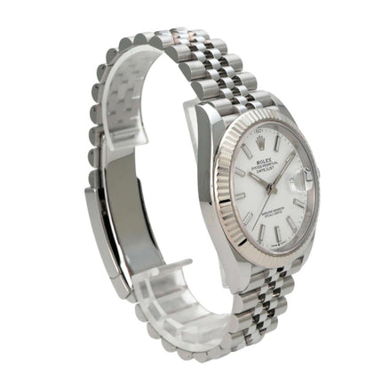 Rolex Datejust 41 Edelstahl Weißgold 126334 Weiß Jubile-Band, weiße Zifferblattansicht mit Jubilé-Band