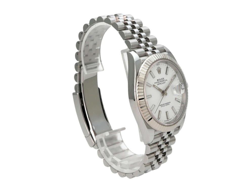 Rolex Datejust 41 Edelstahl Weißgold 126334 Weiß Jubile-Band, weiße Zifferblattansicht mit Jubilé-Band