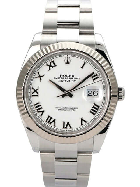Rolex Datejust 41 Edelstahl Weißgold 126334 Weiß Römisch mit weißem Zifferblatt und römischen Ziffern.