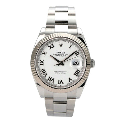 Rolex Datejust 41 Edelstahl Weißgold 126334 Weiß Römisch Armbanduhr mit römischen Ziffern und 18 kt Weißgold-Lünette.
