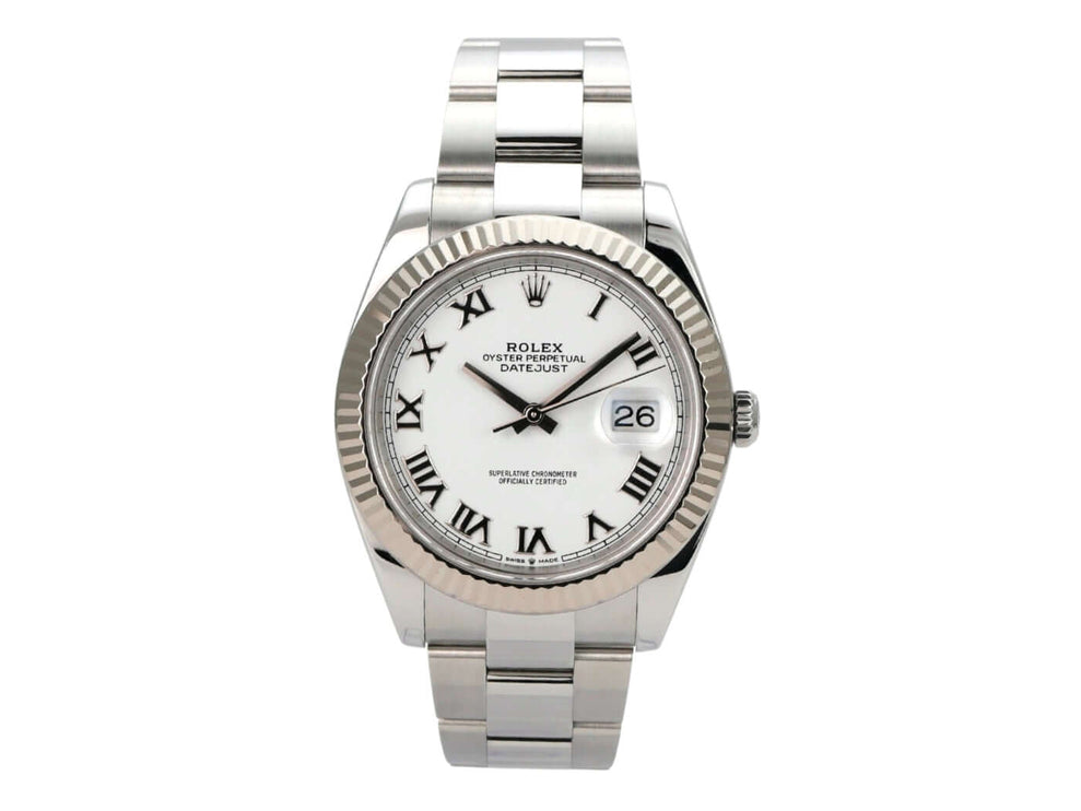 Rolex Datejust 41 Edelstahl Weißgold 126334 Weiß Römisch Armbanduhr mit römischen Ziffern und 18 kt Weißgold-Lünette.