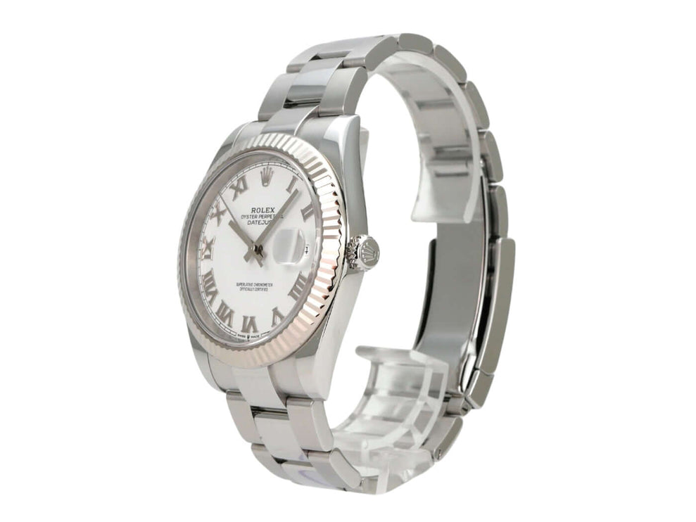 Rolex Datejust 41 Edelstahl Weißgold 126334 Weiß Römisch, Luxusarmbanduhr mit weißem Zifferblatt und Oyster-Armband