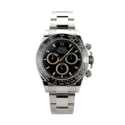 Rolex Daytona Edelstahl 126500LN Schwarz, Chronograph mit schwarzem Zifferblatt und Edelstahlarmband.