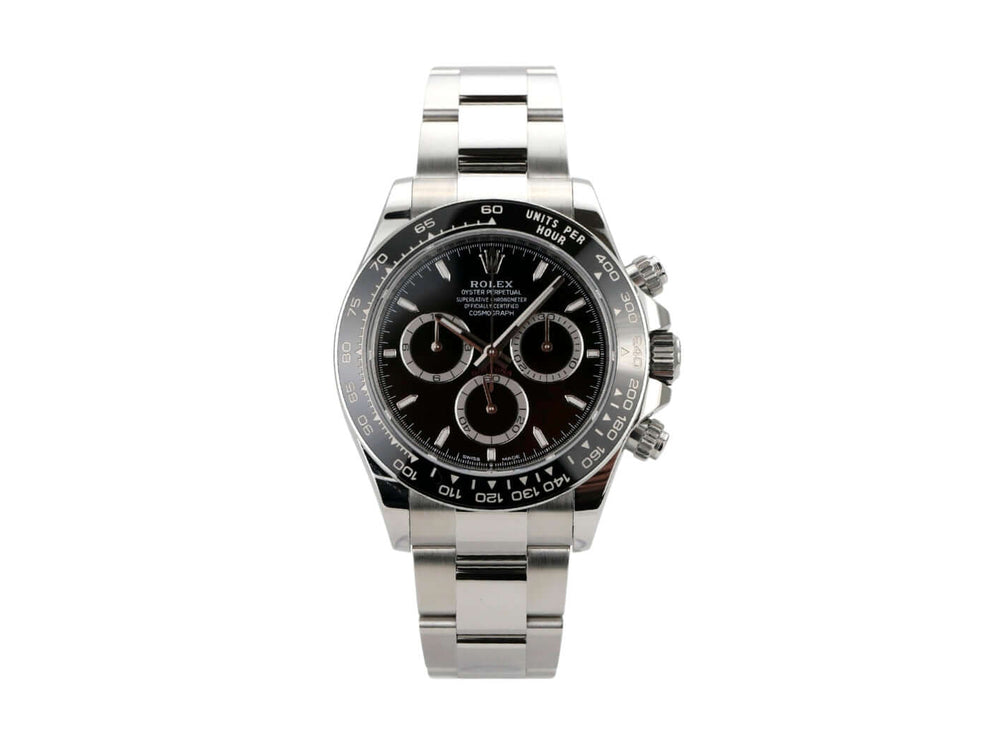 Rolex Daytona Edelstahl 126500LN Schwarz, Chronograph mit schwarzem Zifferblatt und Edelstahlarmband.
