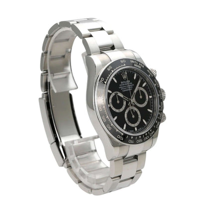 Rolex Daytona Edelstahl 126500LN Schwarz Uhr mit schwarzem Zifferblatt und Edelstahlarmband.