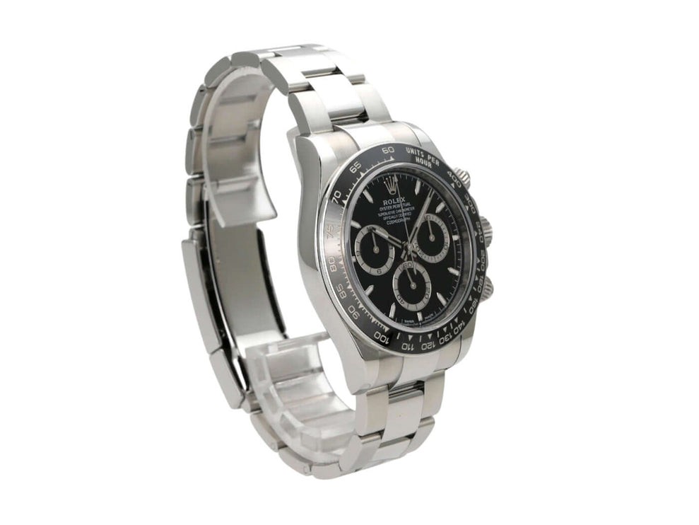 Rolex Daytona Edelstahl 126500LN Schwarz Uhr mit schwarzem Zifferblatt und Edelstahlarmband.