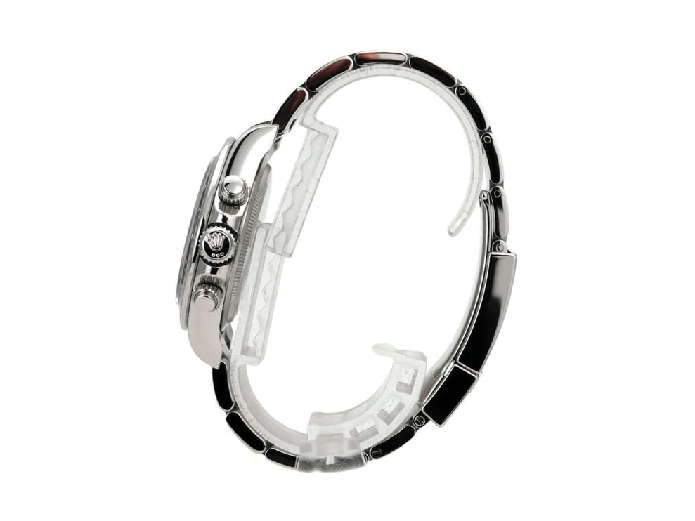 Rolex Daytona Edelstahl 126500LN Schwarz seitliche Ansicht, Gehäuse und Armband Details.