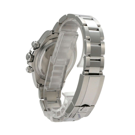 Rolex Daytona Edelstahl 126500LN Schwarz Modellansicht von der Seite mit poliertem Edelstahlarmband.