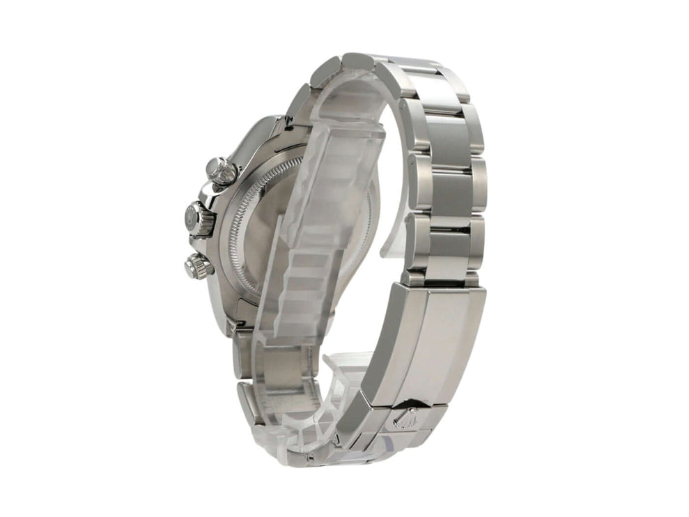 Rolex Daytona Edelstahl 126500LN Schwarz Modellansicht von der Seite mit poliertem Edelstahlarmband.