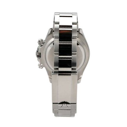 Seitenansicht des Rolex Daytona Edelstahl 126500LN Schwarz mit poliertem und satiniertem Armband.