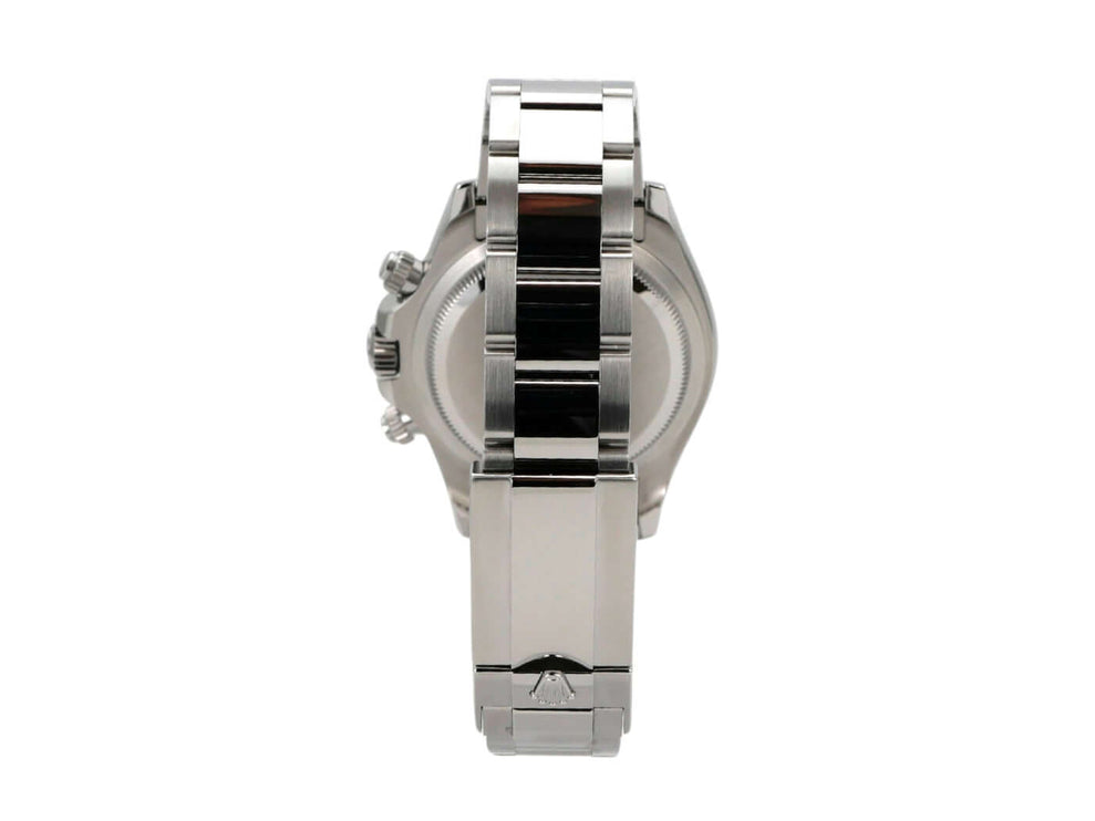 Seitenansicht des Rolex Daytona Edelstahl 126500LN Schwarz mit poliertem und satiniertem Armband.