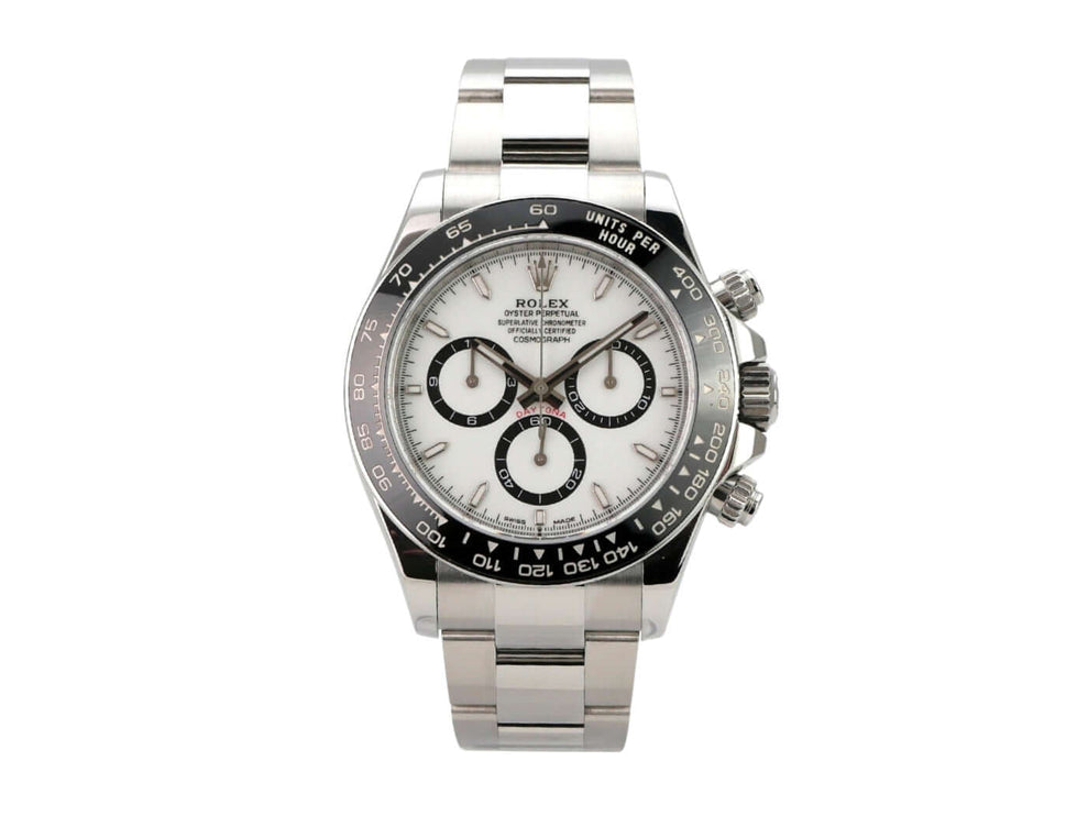 Rolex Daytona Edelstahl 126500LN Weiß Uhr mit Edelstahl Gehäuse, Keramik Lünette und poliertem Armband.