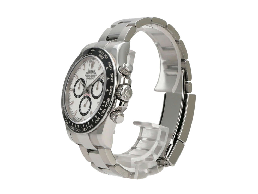 Rolex Daytona Edelstahl 126500LN Weiß seitliche Ansicht mit poliertem Edelstahlarmband und Keramiklünetten.