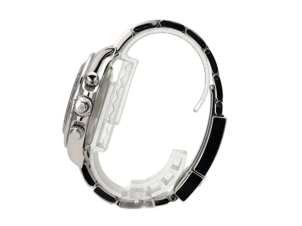 Rolex Daytona Edelstahl 126500LN Weiß Seitliche Ansicht der Uhr mit Keramiklünette und Oyster Armband.