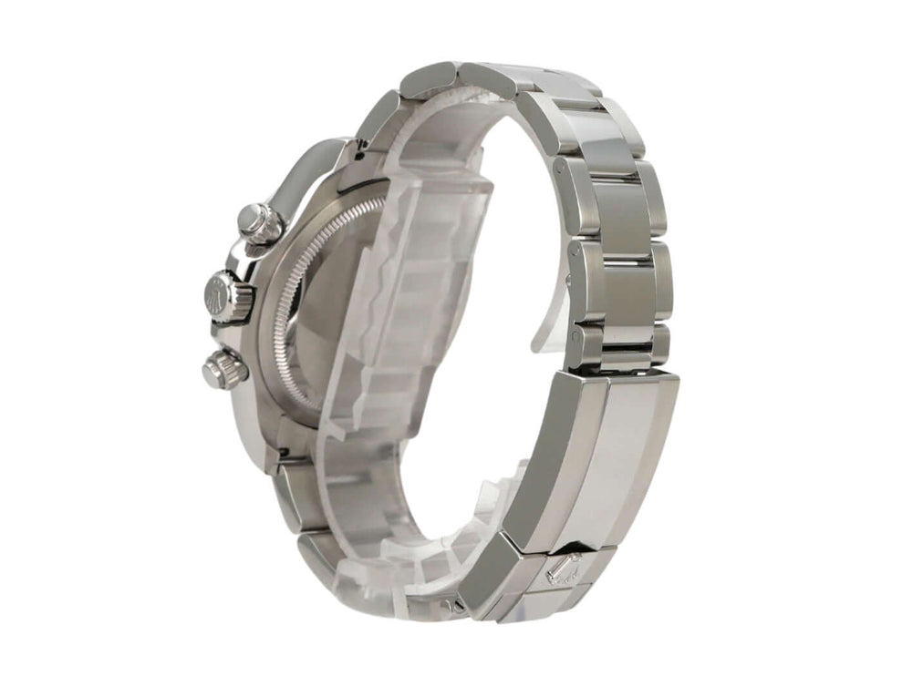 Rolex Daytona Edelstahl 126500LN Weiß seitliche Ansicht mit poliertem und satiniertem Armband.