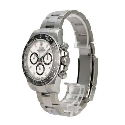 Rolex Daytona Edelstahl 126500LN Weiß seitlich mit poliertem Edelstahlarmband und Keramiklünette.