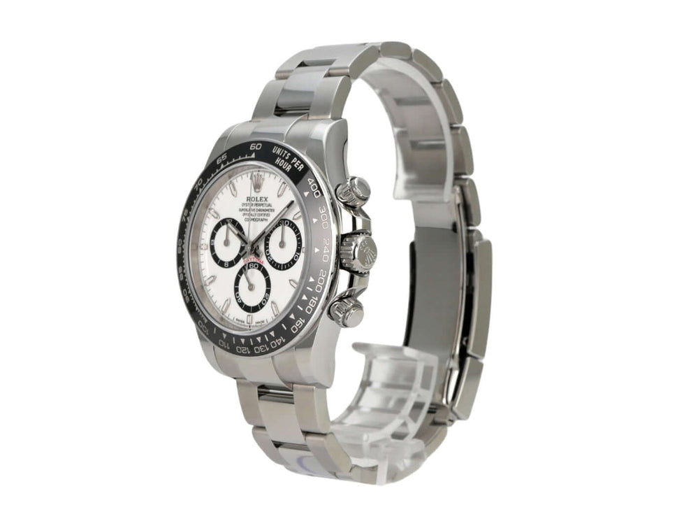 Rolex Daytona Edelstahl 126500LN Weiß seitlich mit poliertem Edelstahlarmband und Keramiklünette.