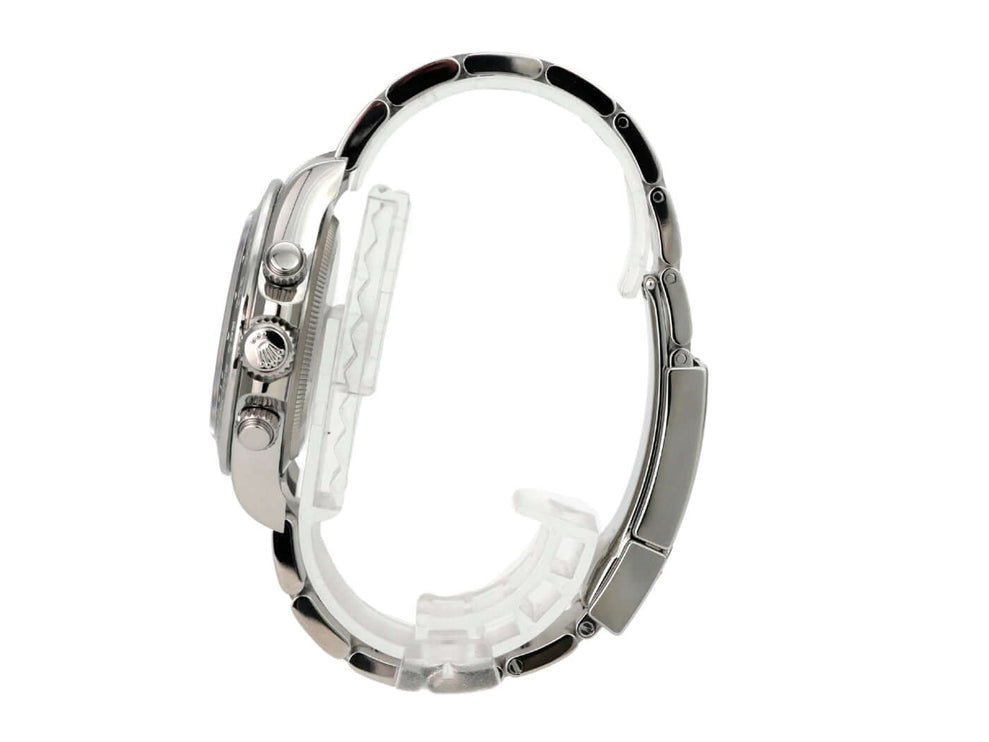 Rolex Daytona Edelstahl 126500LN Weiß Ansicht von der Seite, polierte und satinierte Edelstahlarmbanddetails.