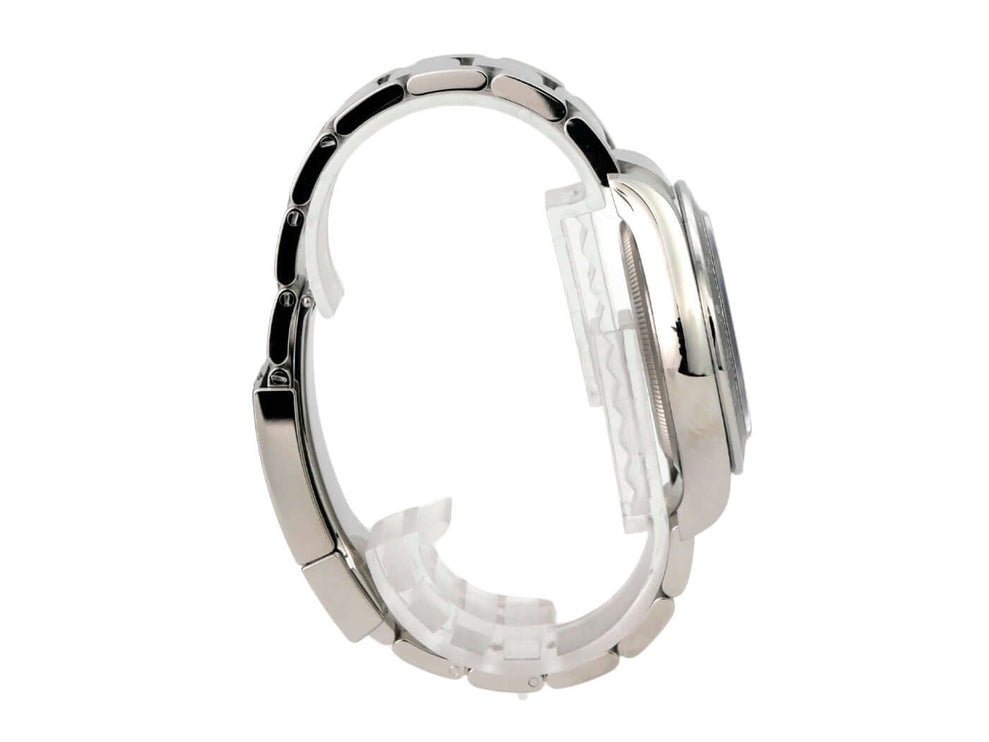 Rolex Daytona Edelstahl 126500LN Weiß seitliche Ansicht mit Oyster-Edelstahlarmband und Keramiklünette.