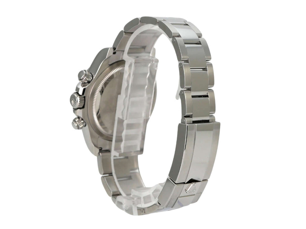 Rolex Daytona Edelstahl 126500LN Weiß seitliche Ansicht mit Oyster-Edelstahlarmband und poliertem Gehäuse.