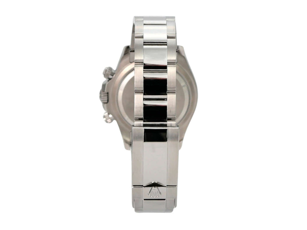 Rolex Daytona Edelstahl 126500LN Weiß Ansicht von hinten mit robustem Oyster-Edelstahlarmband.