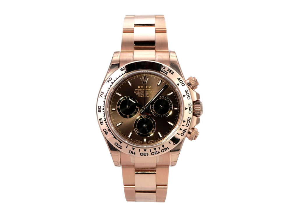 Rolex Cosmograph Daytona 126505 Everose-Gold Choco mit braunem Zifferblatt und 18 kt Everose-Gold Armband.